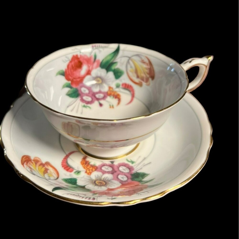 Paragon Cream Floral Teacup & Saucer Double Warrant  Bone China England The Quee